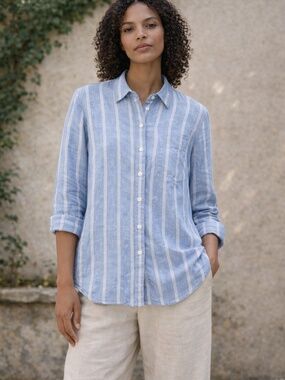 L.L.Bean 100% Linen Blue White Striped Button Down Shirt Large